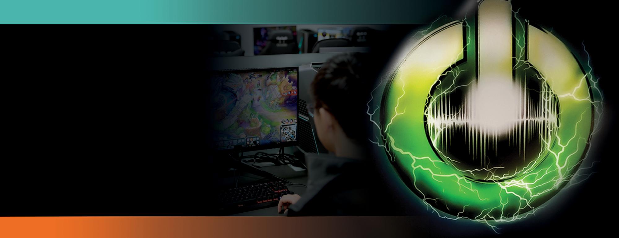Graphic with green glowing power logo with student playing a PC game in the background