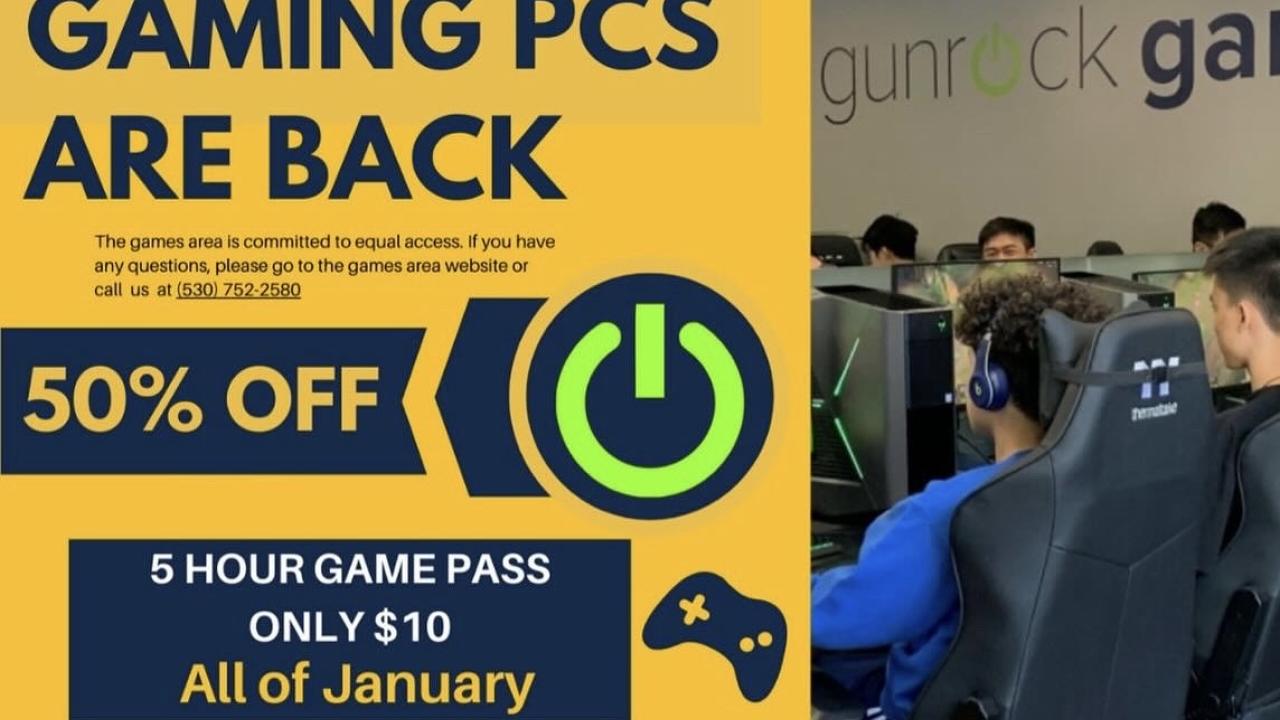 A flyer announcing that the Memorial Union Games Area’s gaming PCs are back and is 50% off for 5 hour game passes for only $10 all through January. The flyer also expresses that the games area is committed to equal access and if you have any questions, go to the games area website or call them at (530) 752-2580. The right side of the flyer has a photograph of plenty students using the gaming computers MUGA offers.