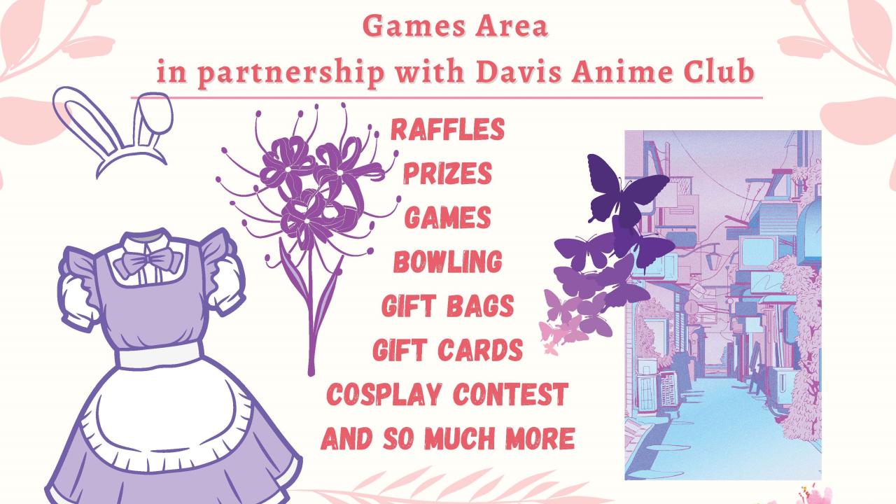 A flyer reads Anime Night at the Games Area, advertising raffles and a cosplay contest. 8 pm - 1 am Saturday June 3