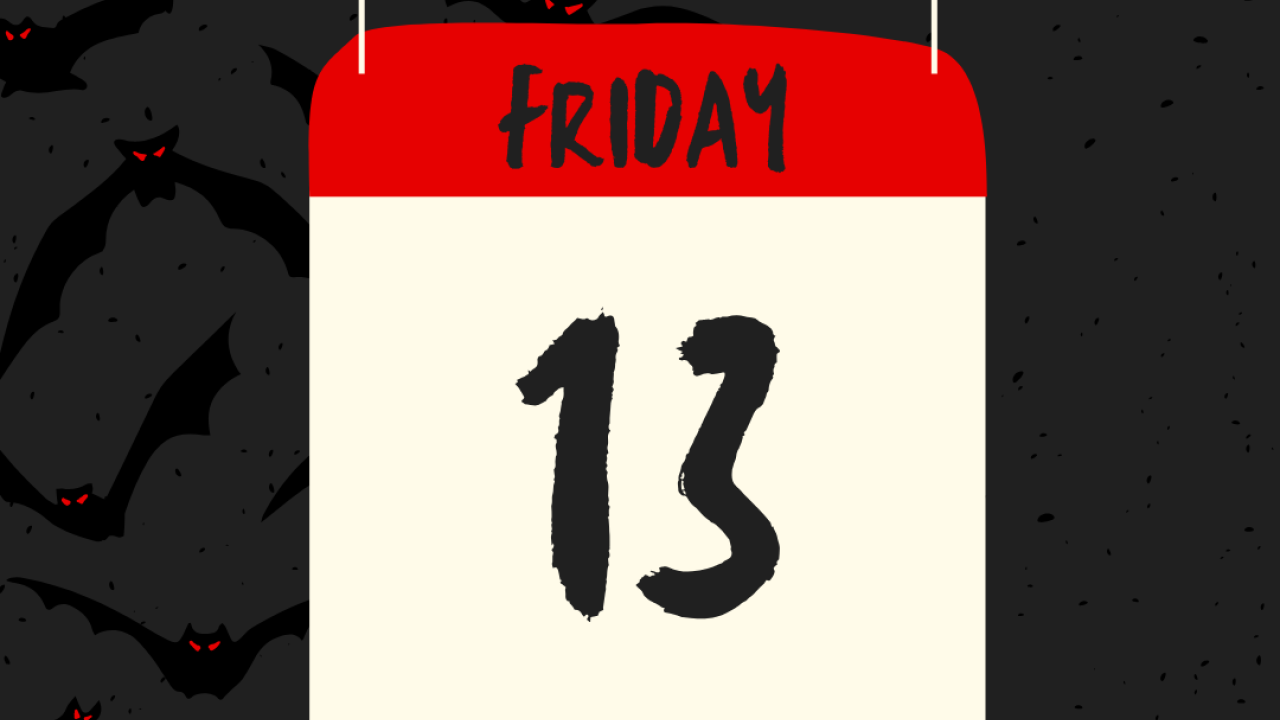 Calendar icon showing Friday with the number 13 on a background of bats with red eyes