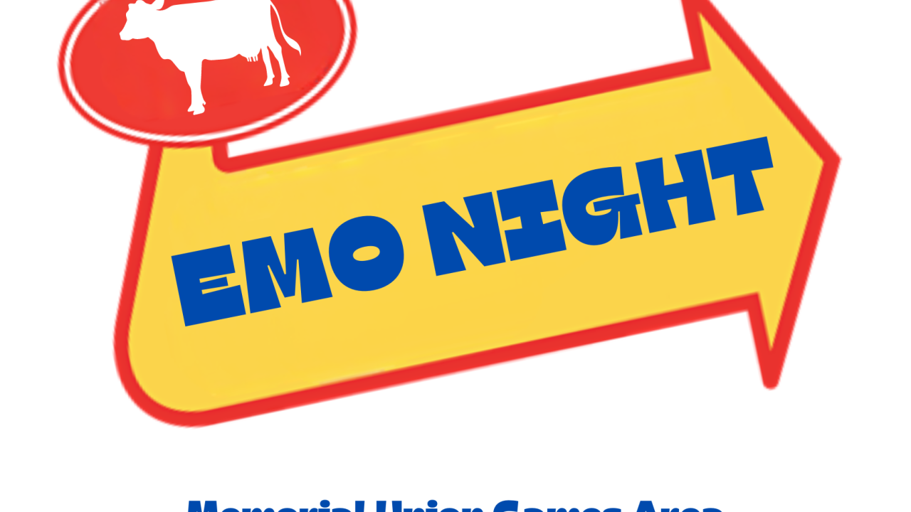 A sign displays a cow and reads "Emo Night" Friday May 19th Doors open at 8p Black attire, bands tees, costumes encouraged