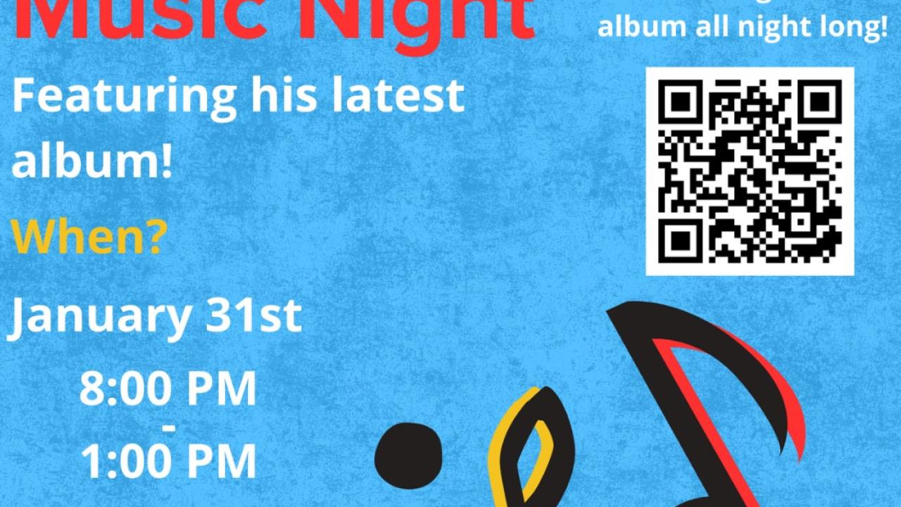 A flyer promoting Memorial Union Games Area’s Music Night event this Friday, January 31st, from 8 PM to 1 AM.