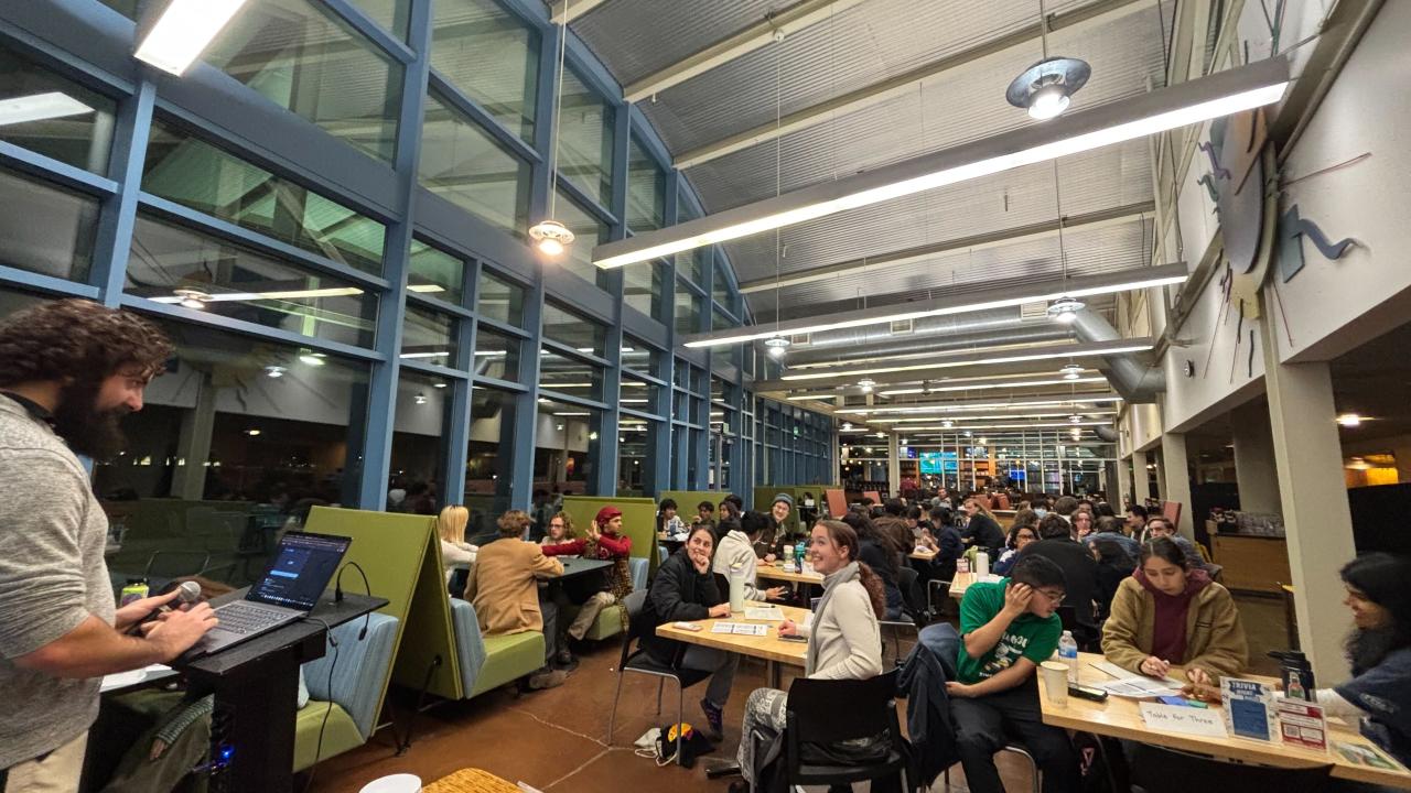 A group of UC Davis students waiting for the next trivia question at trivia night