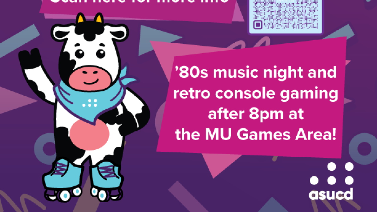 purple flyer with ASUCD "Dottie the Cow " logo