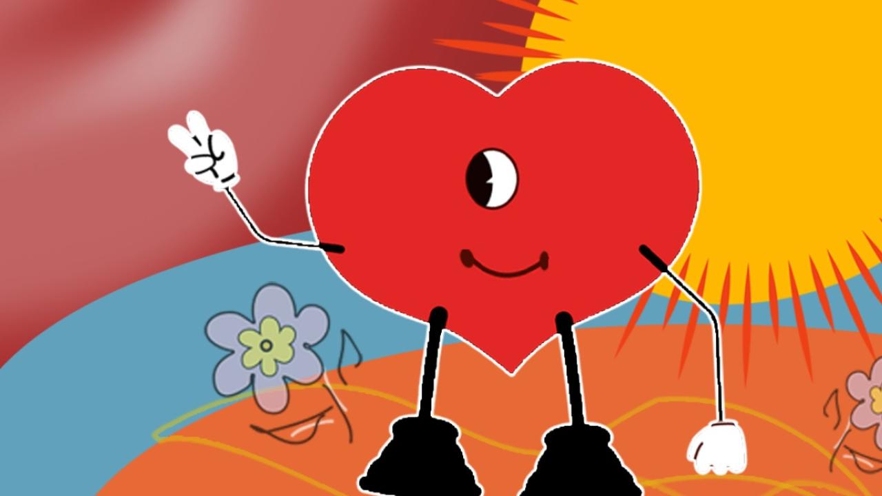 Graphic with sun and animated heart giving the peace sign