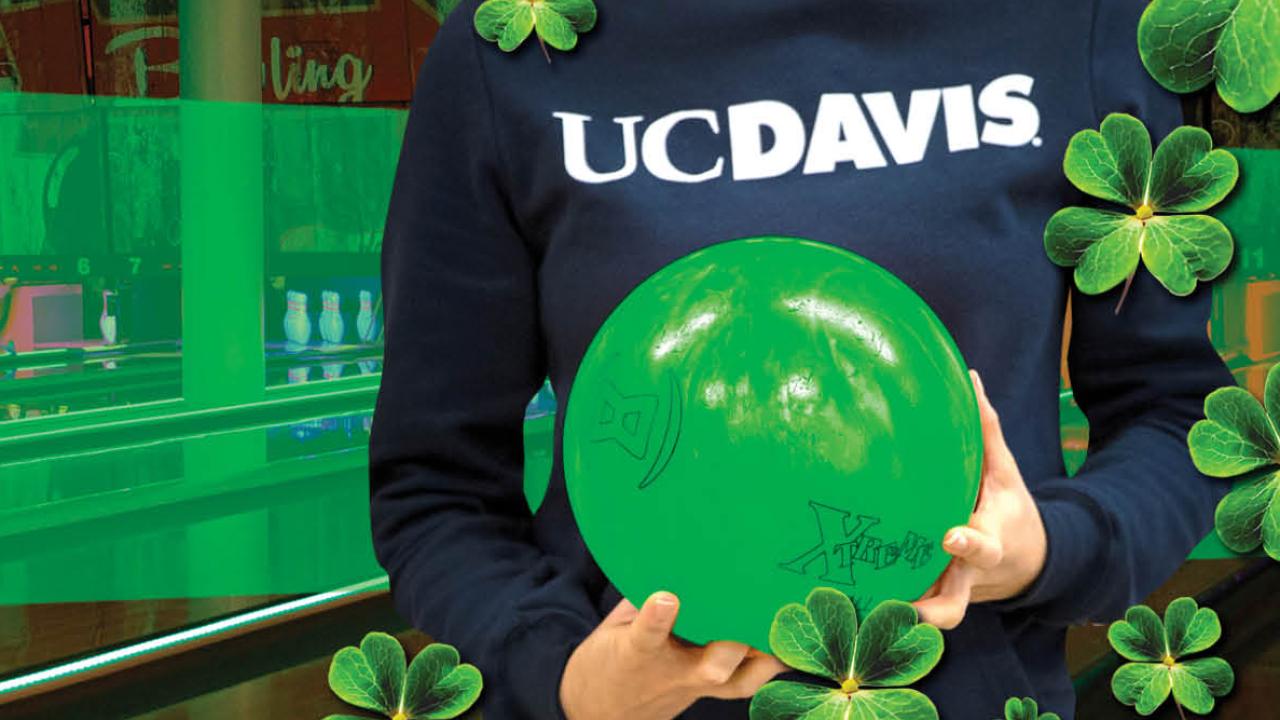 green graphic with person holding green bowling ball in the foreground