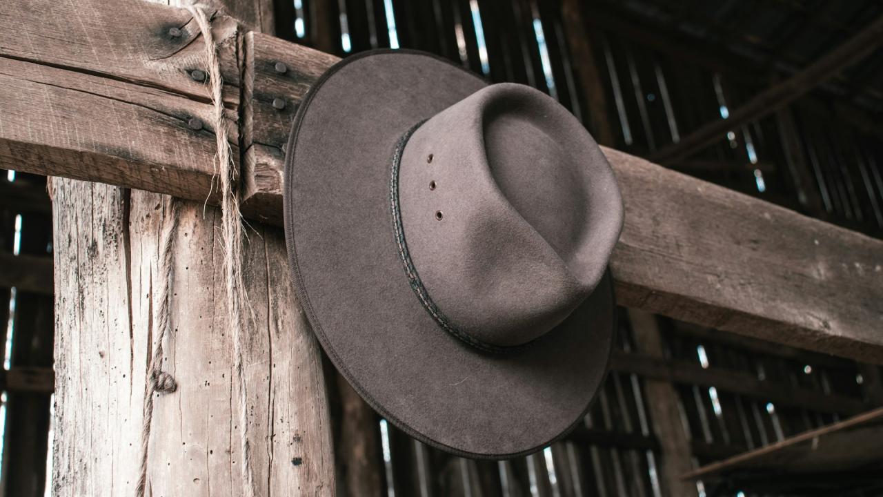 Gray felt hat hanging on a weathered barn beam, slatted wood background