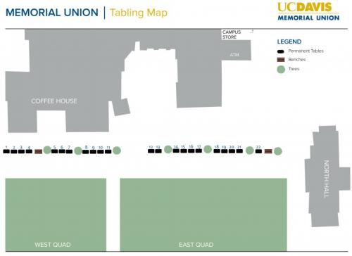 Map of Memorial Union and Quad with tables shown in black