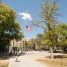 US, California and University flags flown at half-staff with Memorial Union in background