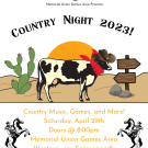 A cartoon cow dressed in Western Wear set in a desert. The text reads Country Night 2023 Country music, games and more! Saturday April 29, Doors at 8 pm Memorial Union Games Area Westernwear encouraged.