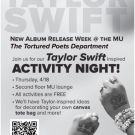 Taylor Swift Week flyer advertising activity night. Two hands with friendship bracelets