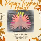 Flyer showing a construction paper turkey made from handprints
